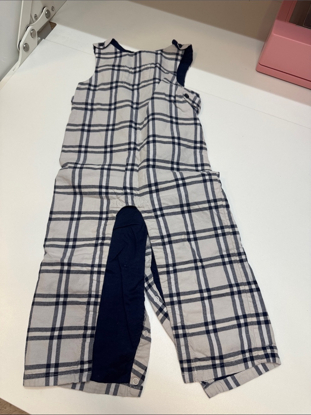 Janie and Jack Kids Plaid Sleeveless Pajama Romper - Navy and light gray